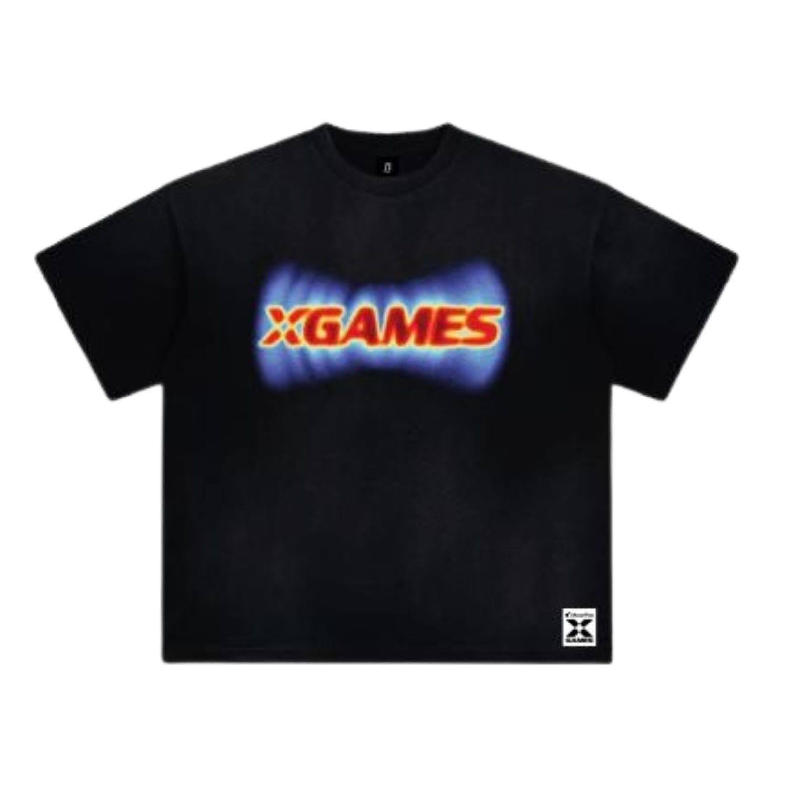 Black t-shirt with X Games logo on a white background