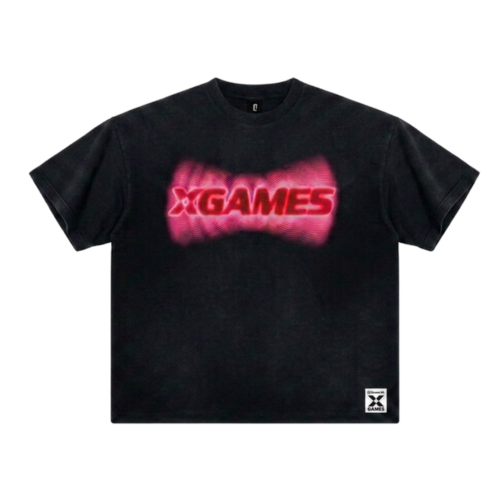 Black t-shirt with pink and red 'X Games' logo on a white background