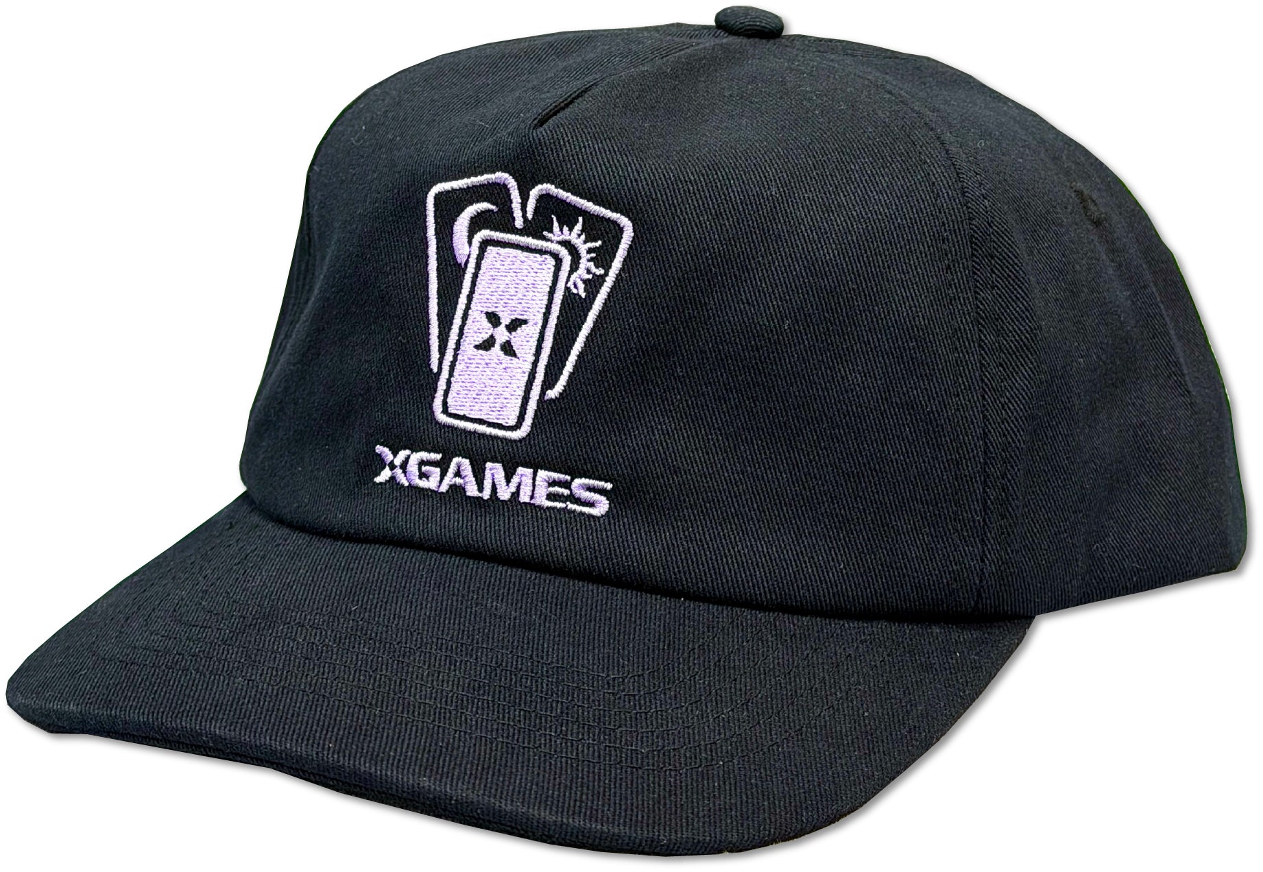 A black baseball cap featuring a white embroidered logo of a card icon above the text 'XGAMES' on the front panel.
