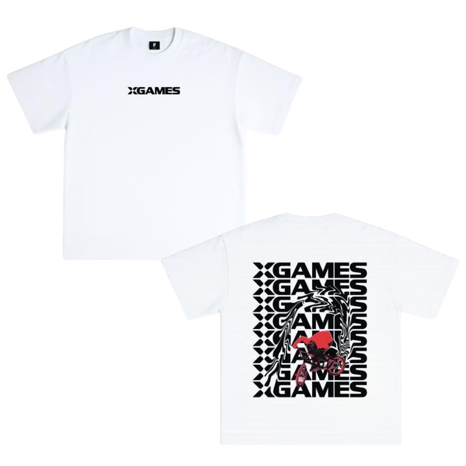 White t-shirt with X Games logo on front and graphic design on back