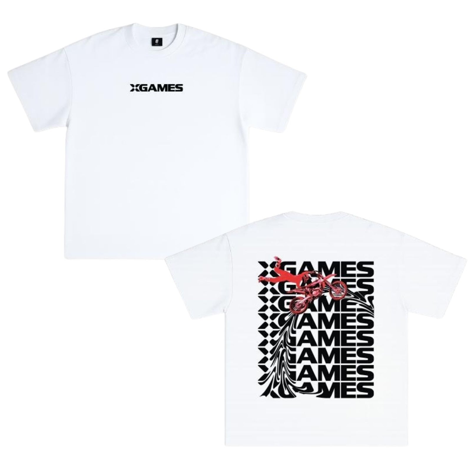 White t-shirt with X Games logo on front and graphic design on back