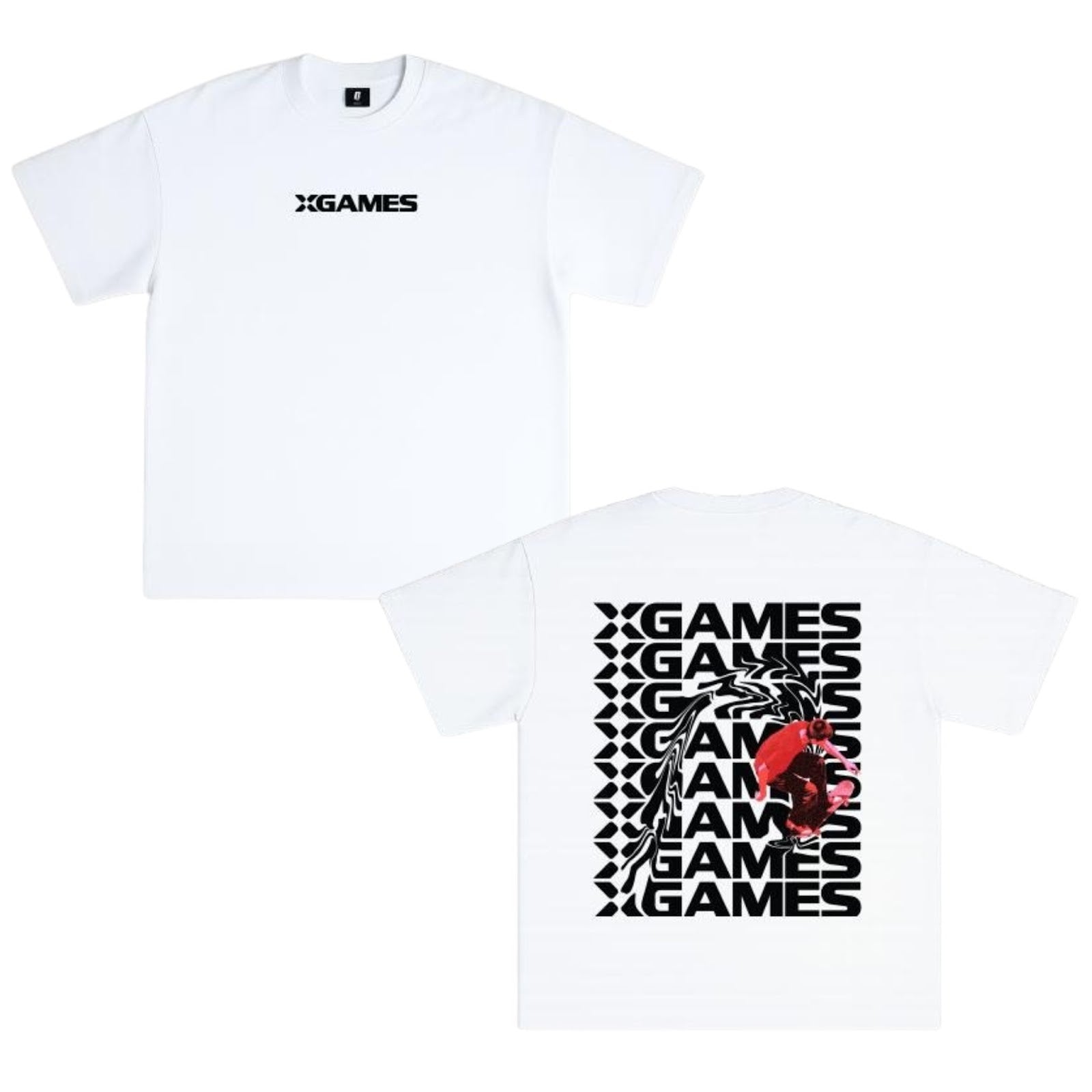 White t-shirt with X Games logo on front and graphic design on back